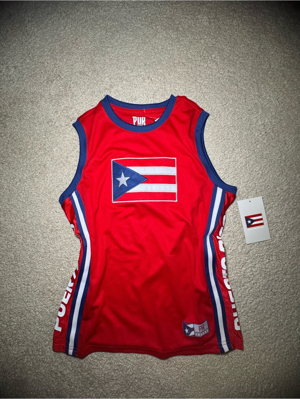 Puerto Rico Pur Red Athletic Jersey with White Logo Flag